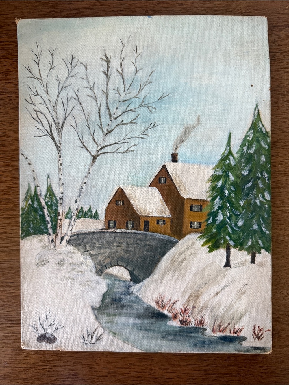 Vintage Winter Landscape Painting Stone Bridge - Pine Trees - 9”x1